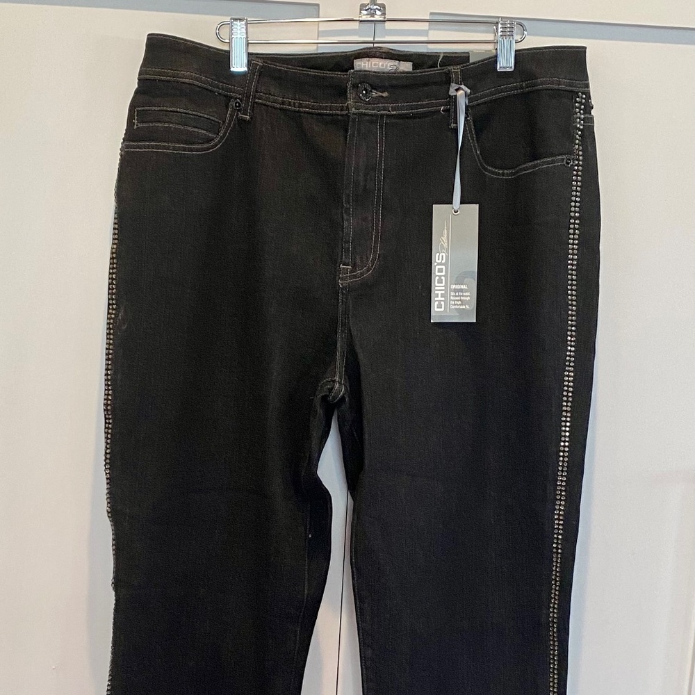 CHICO’S NEW BLACK DENIM C JEANS  2.5 RHINESTONE TRIM 14/16 NWT